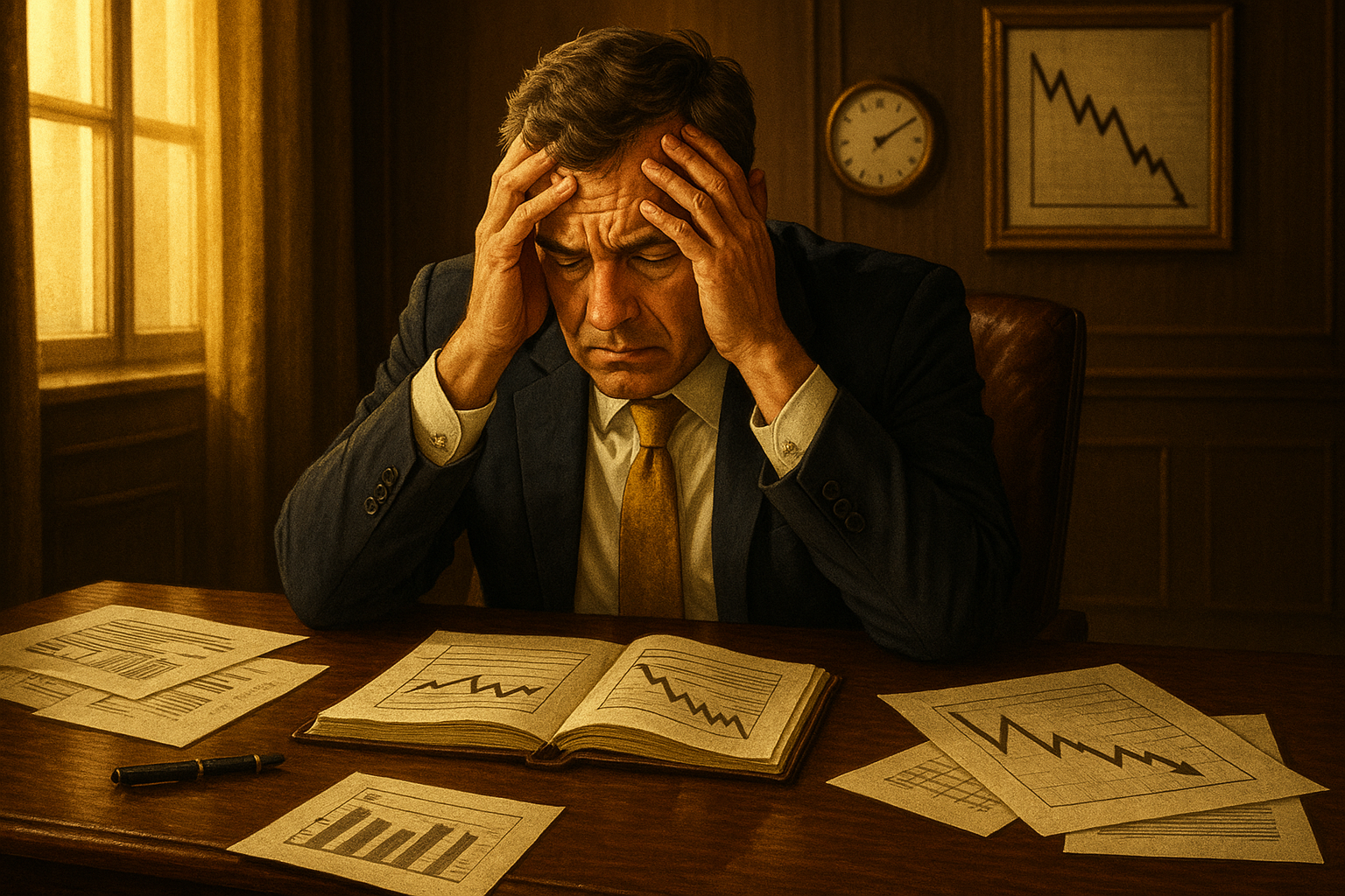 An executive reviewing documents with visible uncertainty